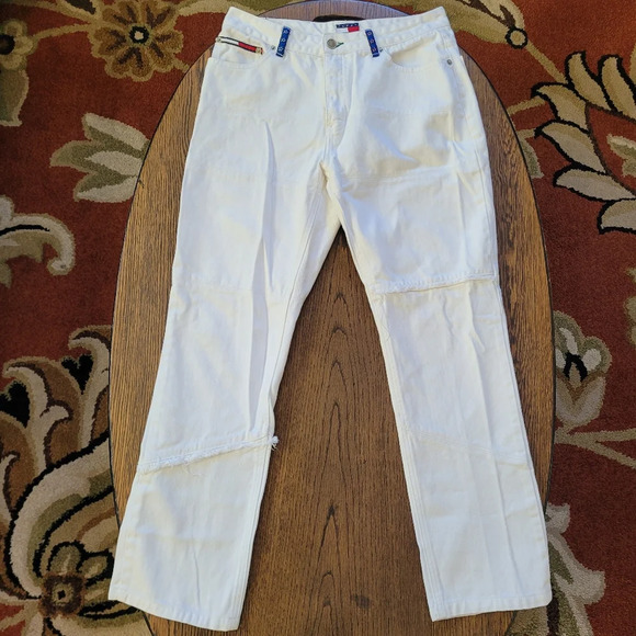 Tommy Hilfiger RARE Vintage 90's White Straight Jeans with Fringe Size Junior 9 - Picture 1 of 11